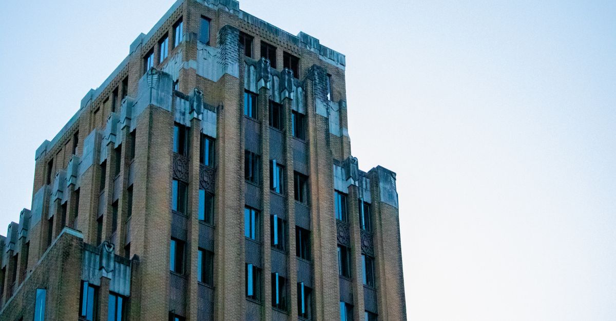 An Art Deco style building captured against a clear sky in Hot Springs, Arkansas, USA.